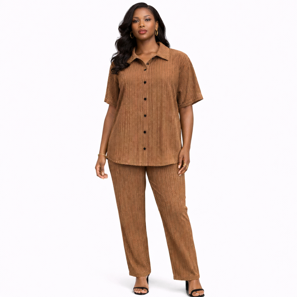 Mocha Textured Button Down Two Piece Set